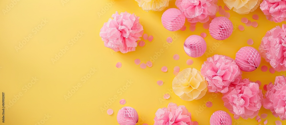 Aufkleber yellow background with a banner outlined by pink tissue paper balls, featuring copy space image for 