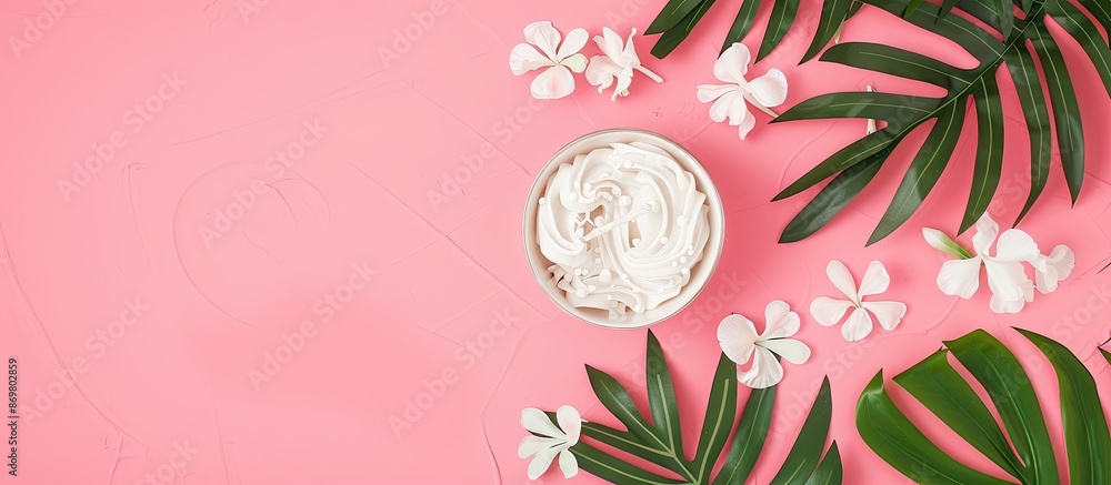 Poster top view of vegan wax frame border on a pink background with copy space image for design or text, cr