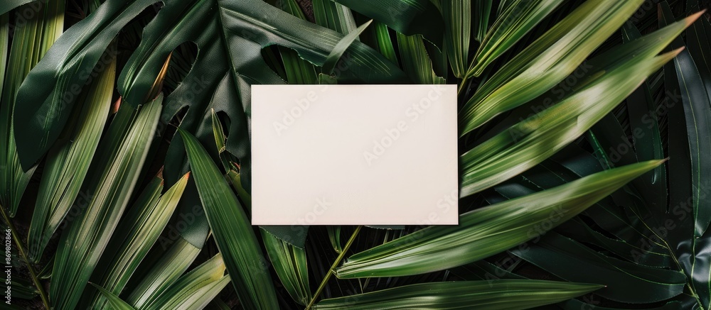 Poster top-down view of a blank card placed on palm leaves for a design mock-up with copy space image.