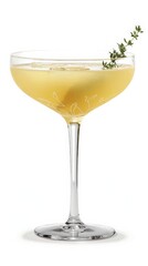 A perfect Honeysuckle cocktail garnished with thyme
