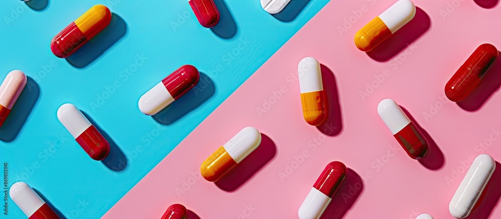 Aufkleber Various medical pills and capsules displayed on a colored background in a top-down view with copy space image.