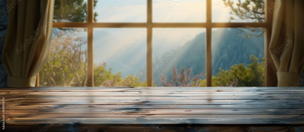 Leinwandbilder Wooden table with no items on it and a blurry background window with room for text or images, suitable for exhibiting products in a visual display.