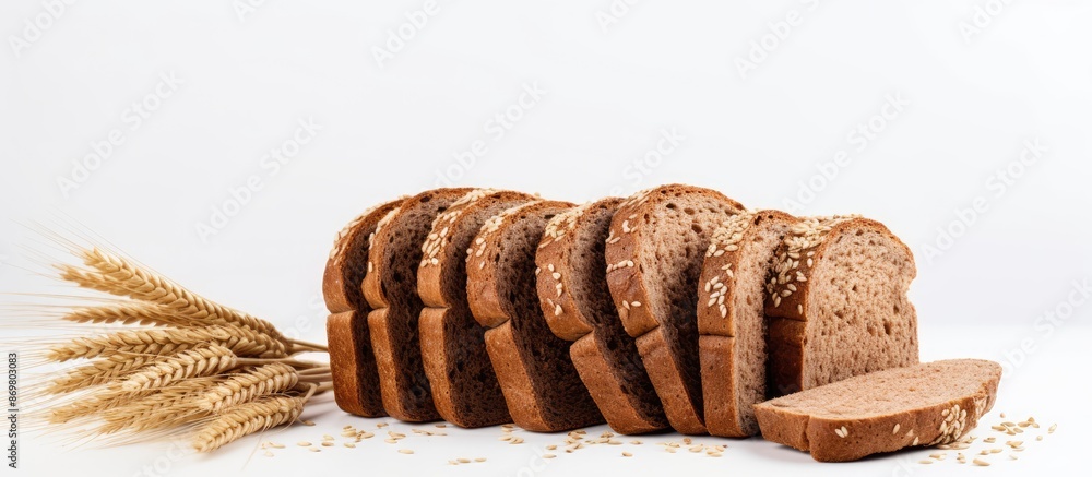 Poster top view of freshly baked rye bread slices on a white background with copy space image.