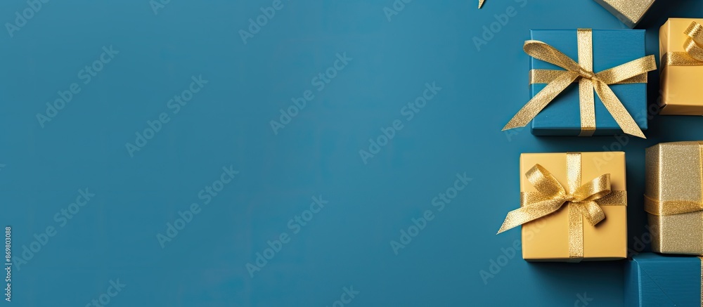 Fototapete top-down view of a blue gift box with a golden ribbon against a blue background in a banner format, 