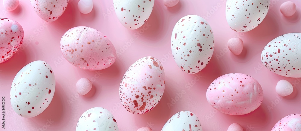 Poster Easter-themed candy eggs on a soft white and pink backdrop, creating a cheerful flat lay composition with ample copy space image.