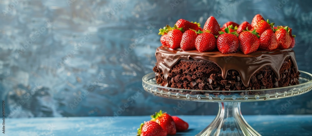 Poster chocolate cake adorned with strawberries on glass plate, set against a blue backdrop with a blank ar