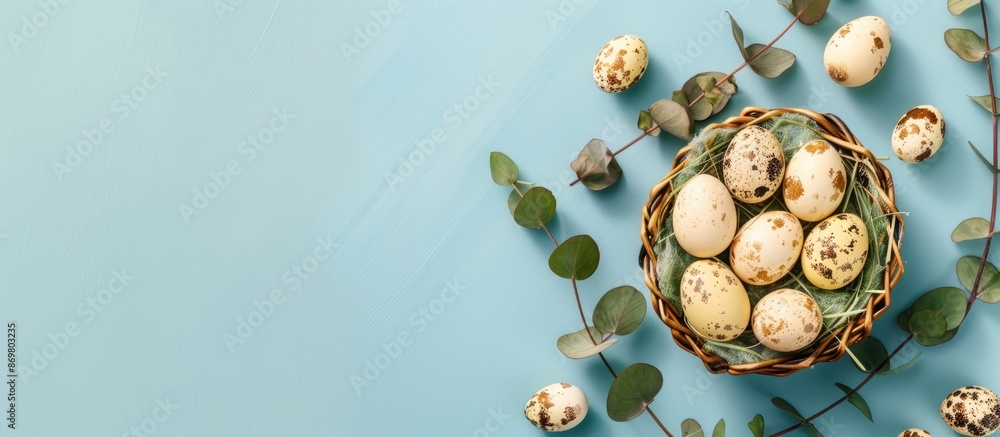 Aufkleber a basket with easter eggs in yellow and white hues, beside eucalyptus branch on pastel blue backdrop