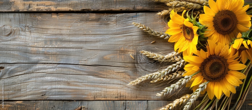 Poster sunflowers and wheat ears arranged on a rustic wooden backdrop with copy space image.