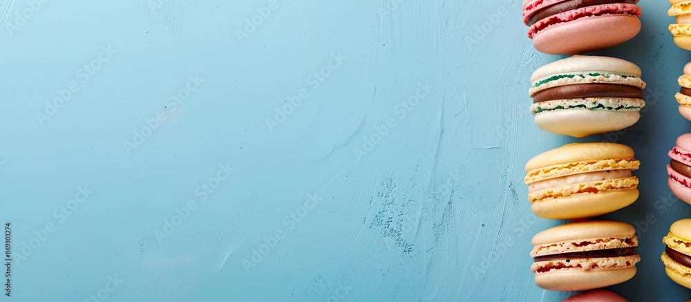 Fototapete macarons displayed on a blue backdrop with an area for your own content known as copy space image.