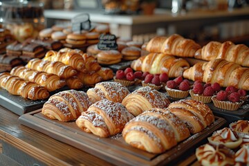 Delightful French Patisserie Assorted Croissants, Eclairs, and Macarons Displayed on Rustic Bakery Counter