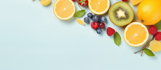 Flat lay mockup featuring summer fruit, pastel colors, and trendy minimal style with copy space image for holiday concept.