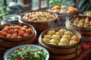 Obraz premium Authentic Chinese Dim Sum Feast - Freshly Steamed Dumplings, Buns, and Spring Rolls on Vibrant Red Tablecloth