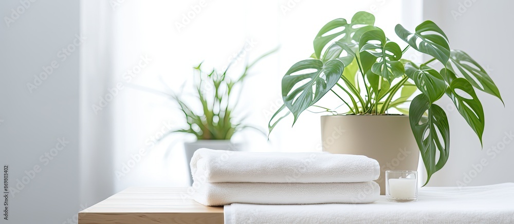Aufkleber a white table displaying towels, a houseplant, and featuring copy space image for product showcase.