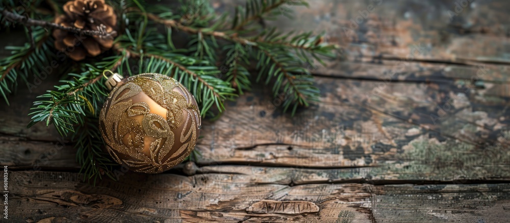 Poster an elegant holiday ornament paired with a green spruce twig on a rustic wooden backdrop, ideal for a