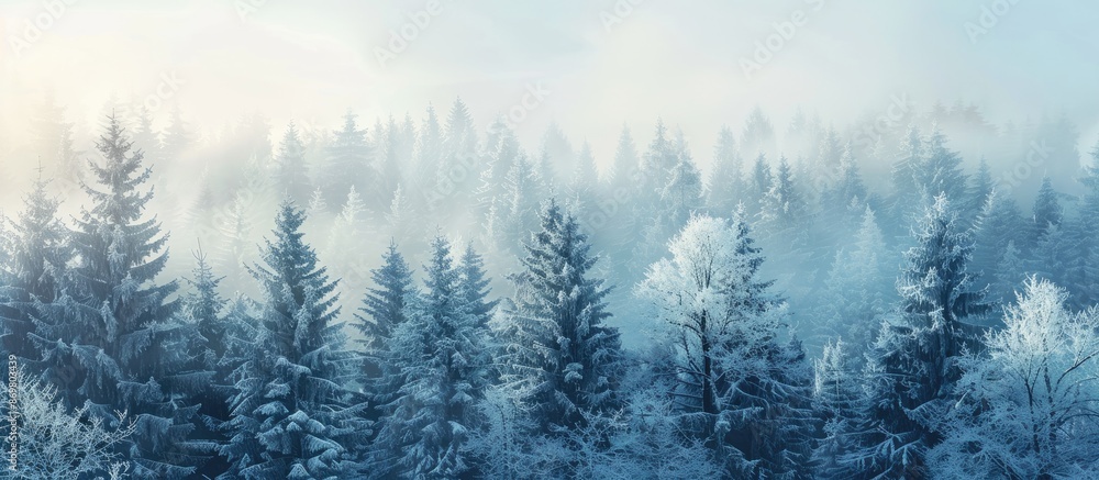 Poster scenic winter landscape with evergreen trees covered in frost, displaying an elegant tranquility. an
