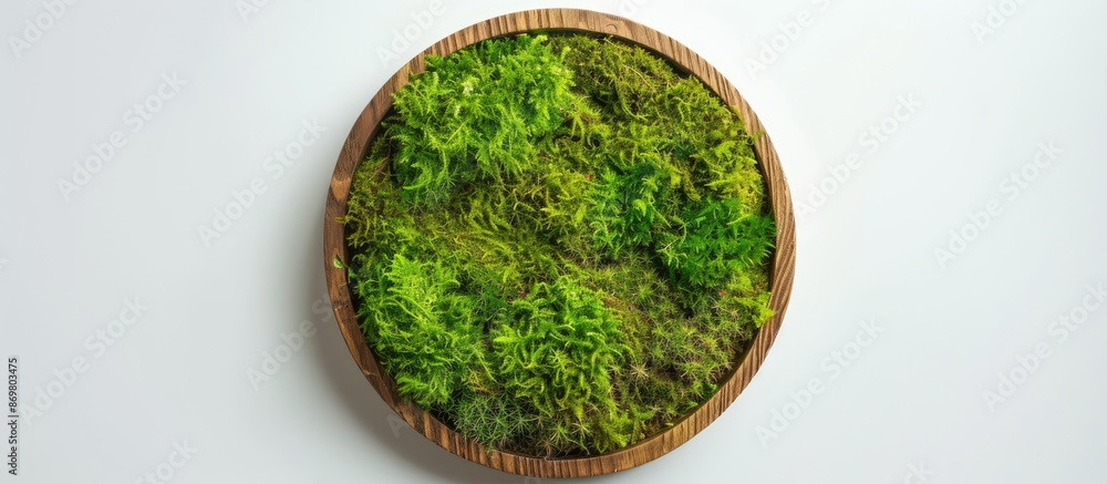 Poster top view of a wooden pizza platter covered in green moss against a white background, ideal for susta