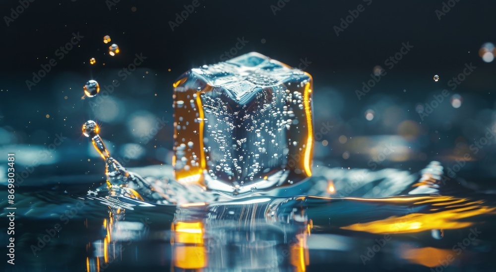 Poster close up of ice cube dropping into water with splash and bubbles