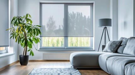 Gray roller blinds on the windows in the living room