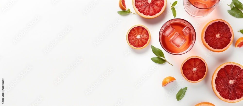 Poster flatlay image of negroni cocktails with blood oranges on a white background, featuring shadows and p