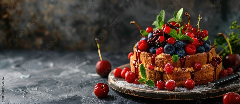 Poster the delightful fruitcake with sweet fruits humbly presented in a beautiful setting with copy space i