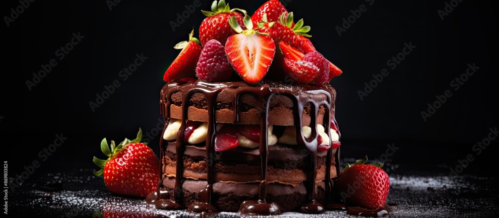 Poster layered cake featuring three types of chocolate souffle, adorned with strawberries, on a black backg
