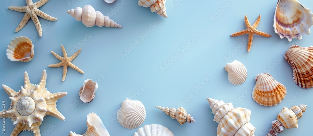 Poster seashells arranged on a soft blue background, symbolizing a serene summer atmosphere, perfect for pr