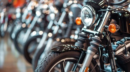 Fototapeta premium Motorcycle showroom display. Row of new motorcycles in a dealership, potential buyers can find their dream bike.