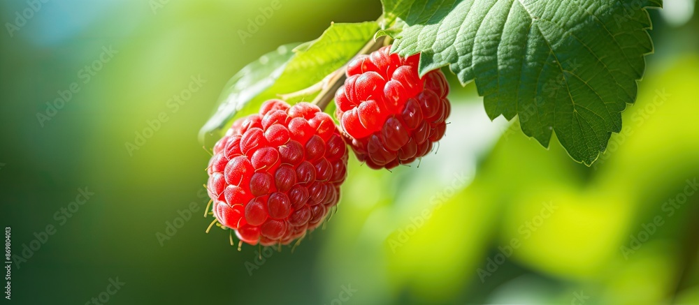 Poster a vibrant red raspberry on a branch in a sunny macro photo, with a blurred background providing spac