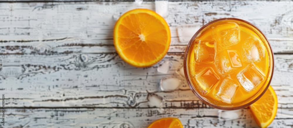 Poster top view of a refreshing orange summer drink with ice on a white wooden surface with a blank area fo