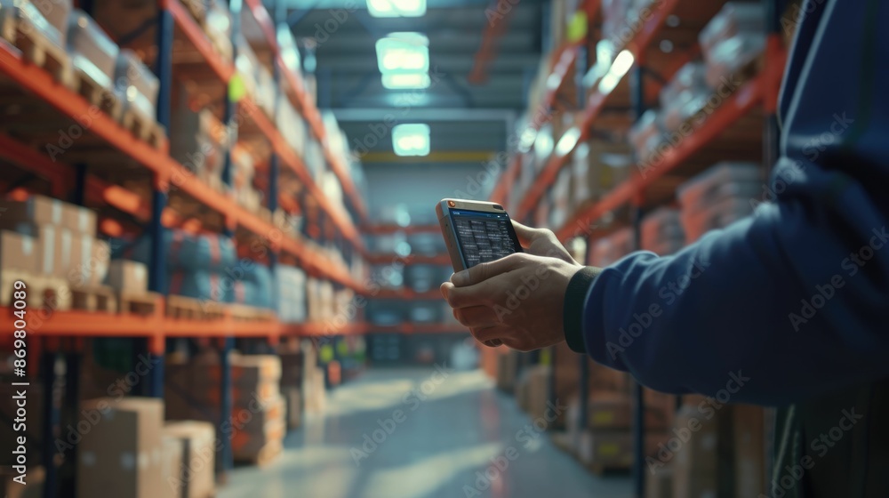 Poster professional project manager hands looking tablet while checking product at warehouse. start up smar