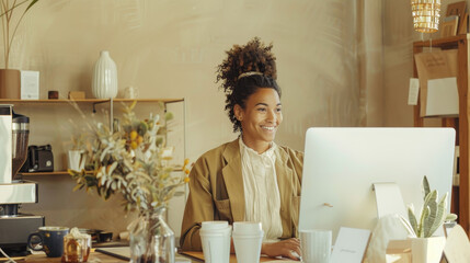 Professional photograph of gorgeous model cafe shop business owner smiling while working on computer. Perfect lighting atmosphere of coffee shop. 