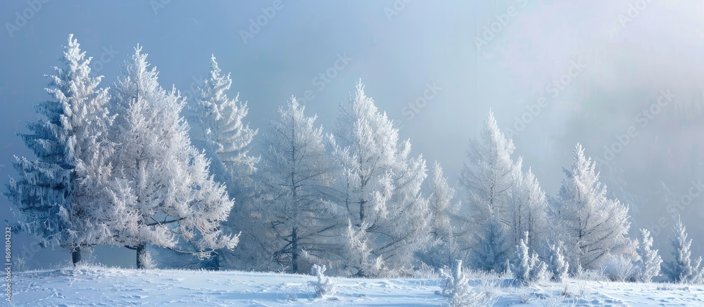 Poster scenic winter landscape with evergreen trees covered in frost, displaying an elegant tranquility. an