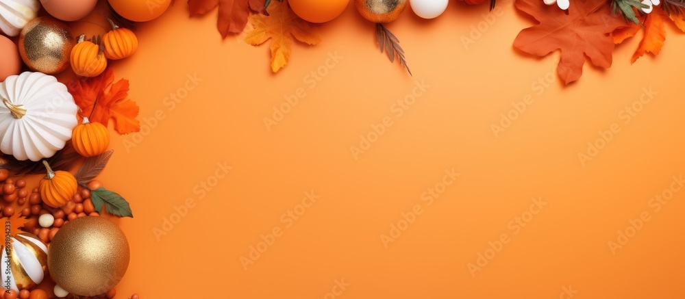 Poster Flat lay composition with various party decorations framing a copy space image on an orange background.
