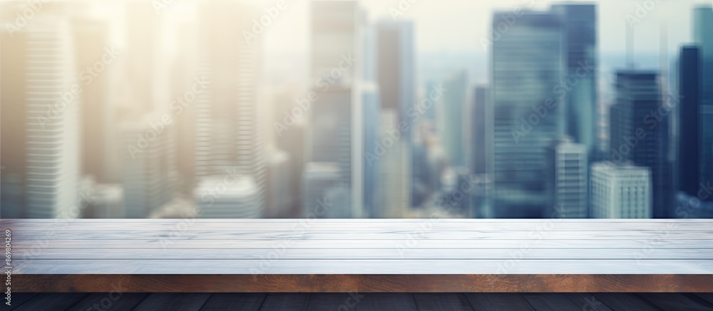Poster blurry office background with a tabletop featuring a copy space image.