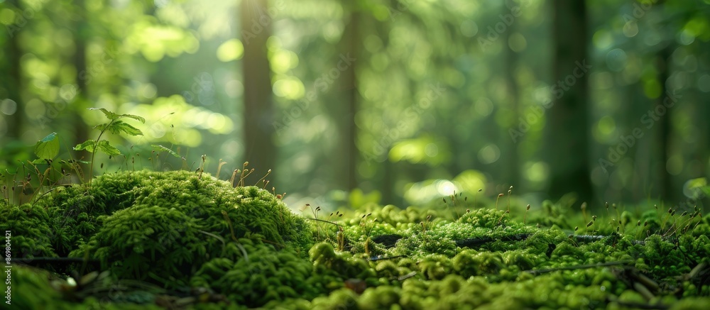 Poster Close up image showing moss and branches on a European forest ground, with copy space image.
