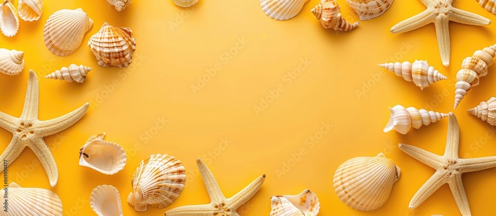 Poster a bright summer background with a yellow hue featuring sea shells and starfish creating a frame, vie