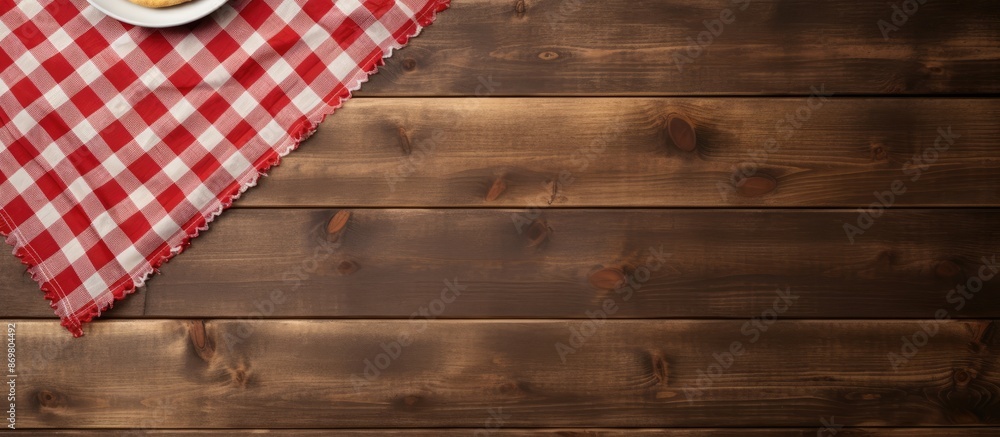 Aufkleber Wooden table backdrop with checkered napkin, suitable for promoting pizza and food items with copy space image.