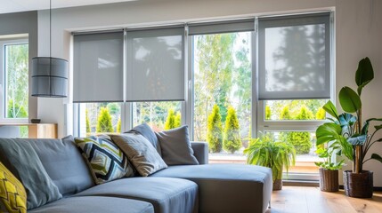 Gray roller blinds on the windows in living room