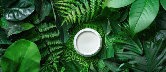 Stylish podium mockup for organic cosmetics ad on fresh green leaves background, with a minimalist flatlay design and a template for a copy space image.