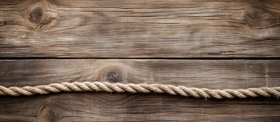 Fototapeta premium Weathered wood background with hemp rope; copy space image.