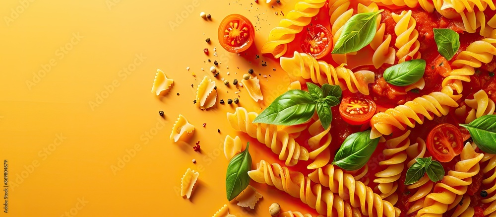Poster top view of italian pasta with tomato sauce, cheese, and basil on a bright background, allowing for 