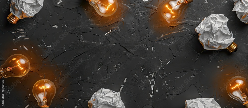 Poster top-down view of crumpled white paper and light bulbs arranged on a black stone board to convey a co