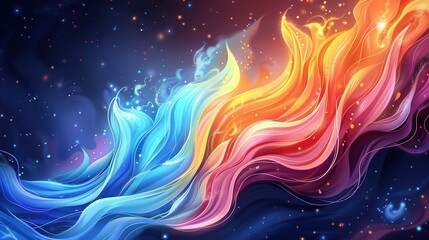   A stunning rainbow-colored wave painting with celestial stars in the backdrop and a vibrant blue sky upfront