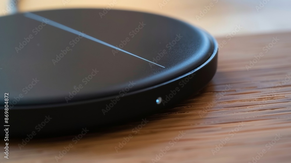 Poster a macro photo of a wireless charging pad in the shape of a triangle. the pad has a matte black finis