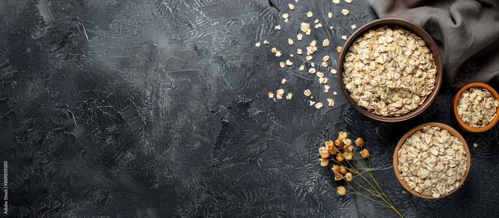 Poster a dark rustic background with a healthy food concept featuring oats meal and copy space image.