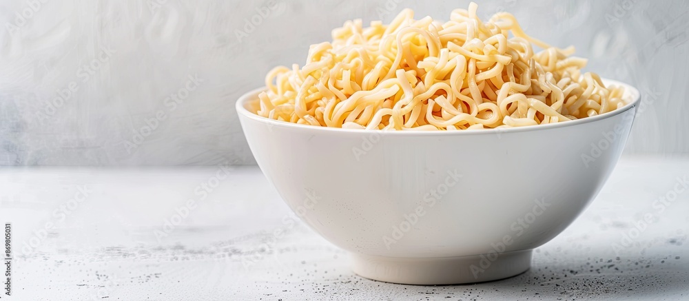 Aufkleber A white bowl filled with uncooked instant noodles against a simple background with ample copy space image.