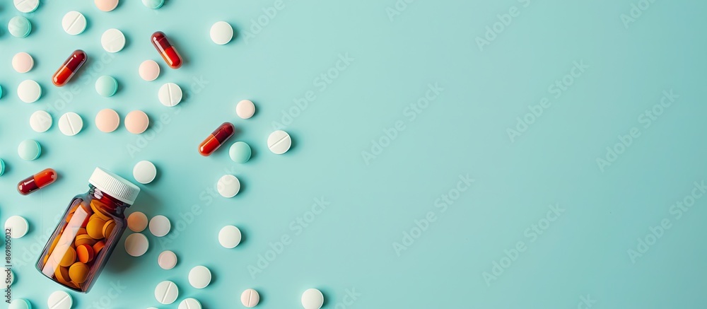 Aufkleber Top view of vitamin pills and a bottle displayed on a light blue backdrop, with an area for additional text or images evident in the frame.