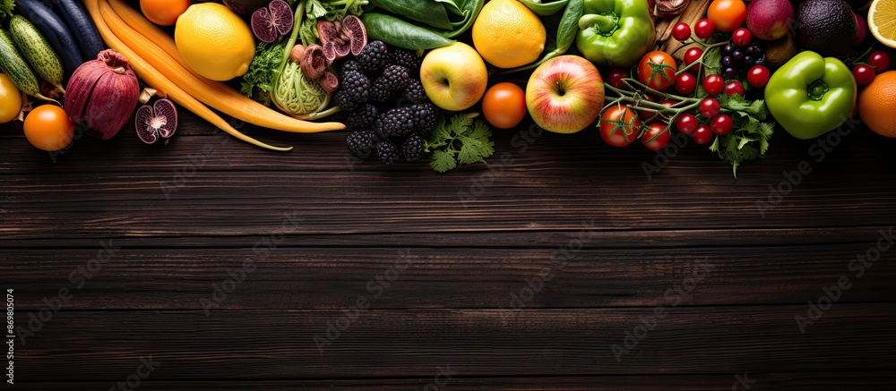 Poster Fresh fruits and veggies displayed on a dark wooden surface from above, creating a scenic copy space image.