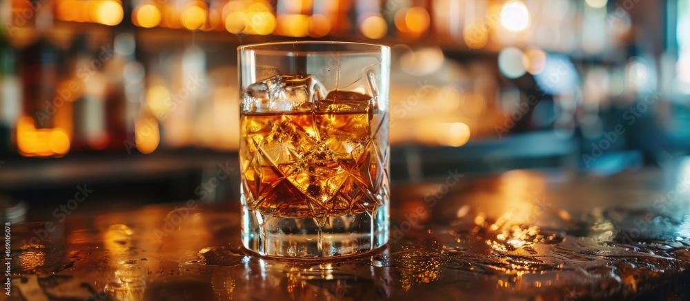 Poster Whisky on the rocks cocktail in a close-up shot on a bar counter with a background suitable for adding text or graphics - copy space image.