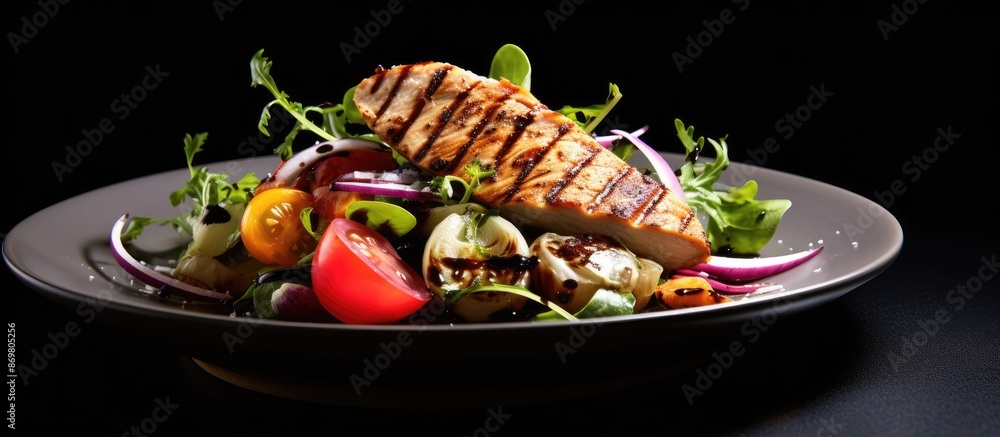 Poster an appetizing salad with diverse colors and grilled chicken crowns a white plate with ample copy spa